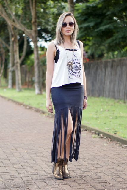 Fringed skirt: how to wear it, models and 60 amazing looks!